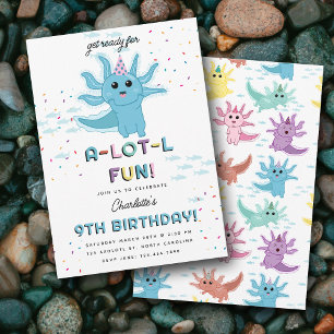 Blue Axolotl Kids Cute Salamander Birthday Party Invitation