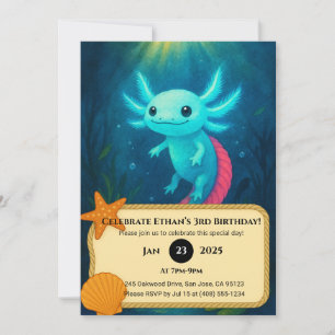 Blue Axolotl with Red Tail in Lotus Birthday Invitation