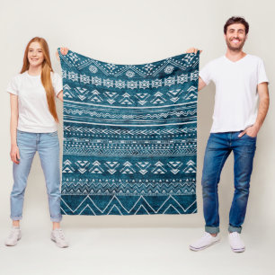 Blue Aztec Tribal Geometric Pattern Fleece Blanket