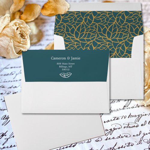 Blue Aztek Gold Foliage Wedding Save the Date Envelope