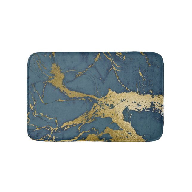 Blue Azul and Gold Marble Bathroom Mat (Front)