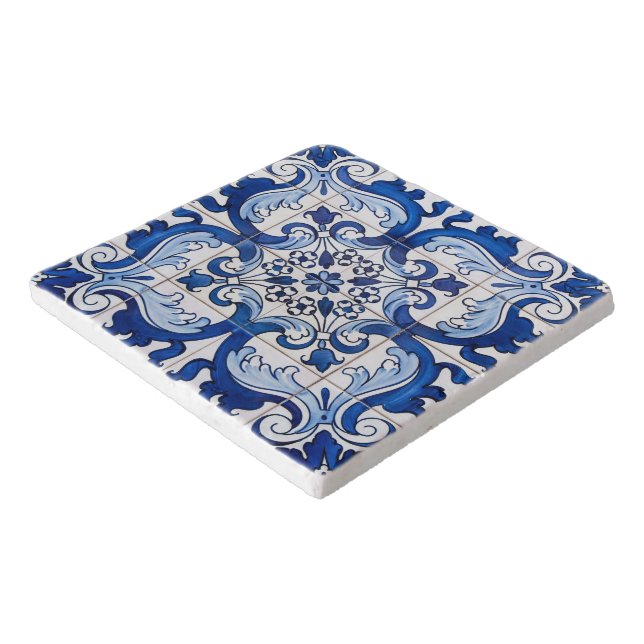 Blue Azulejo Tile Floral Pattern Hot Pot Serveware Trivet (Corner)