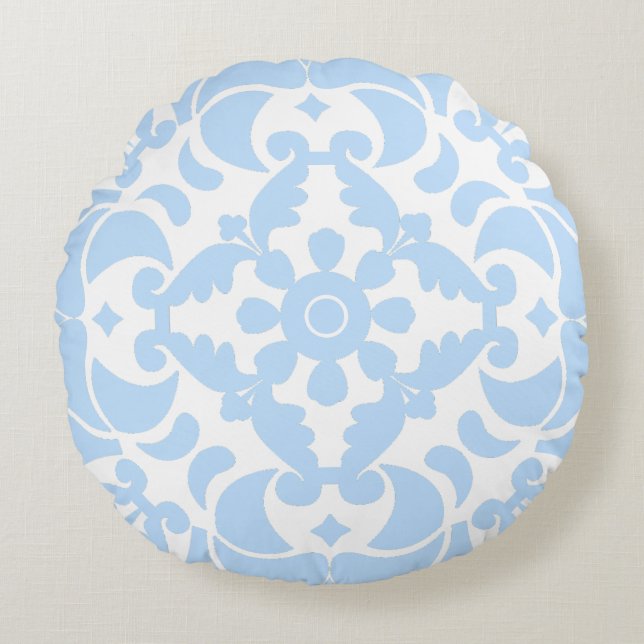  Blue Azulejos Portuguese Spanish Mediterranean Round Pillow (Front)