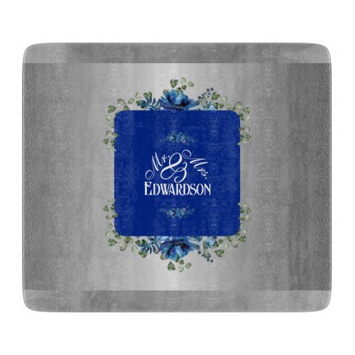 Blue Azure Bloom Metallic Silver Floral  Cutting Board