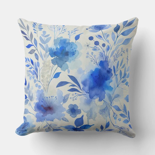 Blue Azure Botanical Elegance Throw Pillow (Front)