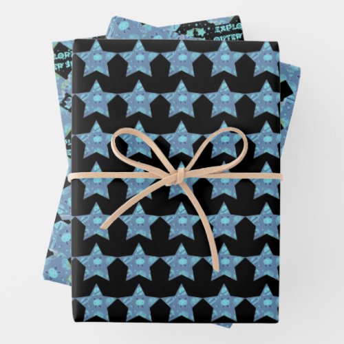 Blue Baby Alien Stars and Planets Patterns Wrapping Paper Sheets