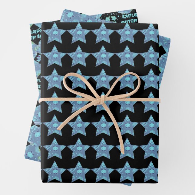 Blue Baby Alien Stars and Planets Patterns Wrapping Paper Sheets (In situ)