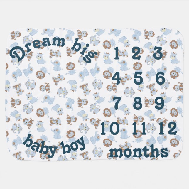 Blue Baby Animals Milestone Baby Blanket (Horizontal)