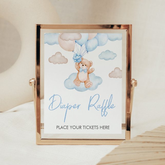 Blue Baby Bear Balloon Baby Shower Diaper Raffle Poster (Blue Bear Balloon Baby Shower Diaper Raffle Sign)