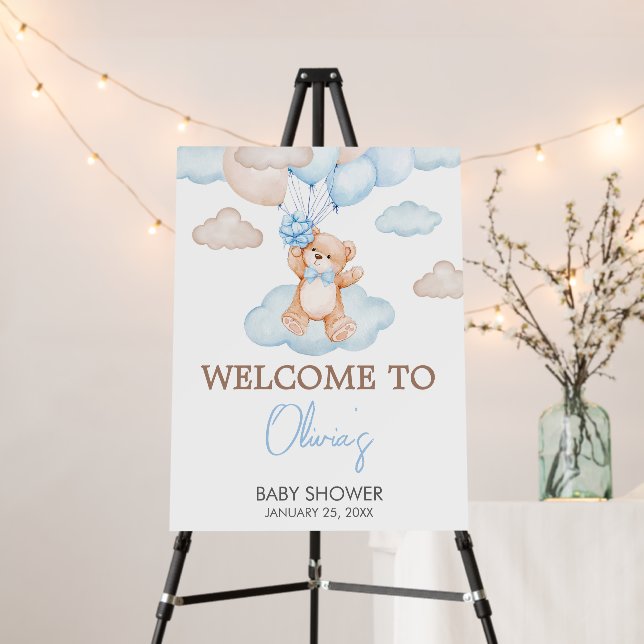 Blue Baby Bear Balloon Baby Shower Welcome Sign (In Situ (Stand))