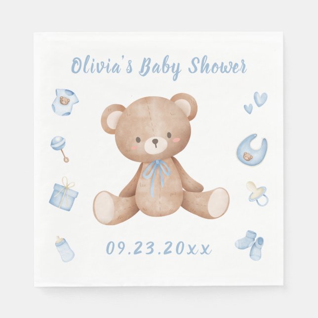 Blue Baby Bear Boy Cute Baby Shower Napkins (Front)