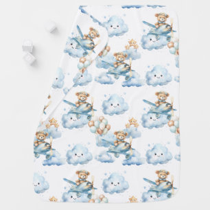 Blue Baby Bear Flying in Plush Clouds Blanket