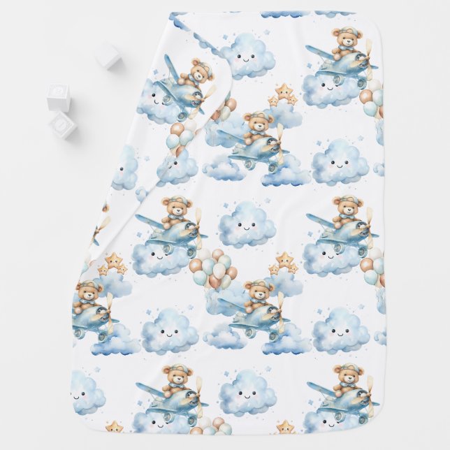 Blue Baby Bear Flying in Plush Clouds Blanket (In Situ)