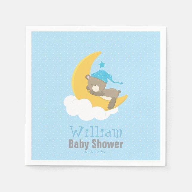 Blue Baby Bear Sleeping On The Moon - baby shower Napkins (Front)