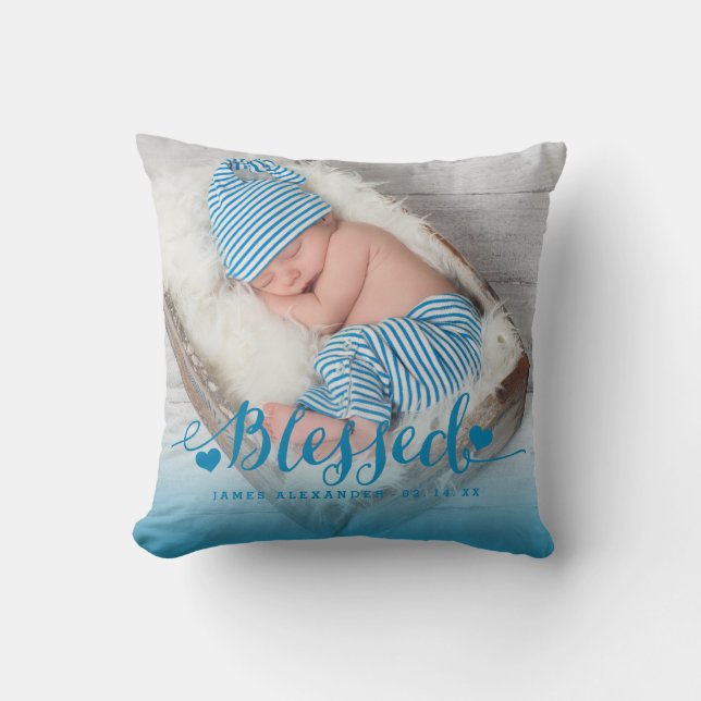 Blue Baby Birth Photo Keepsake Throw Pillow (Front)