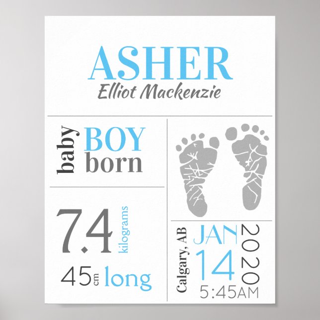 Blue Baby Birth Stat Sign with Footprint (Front)