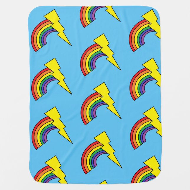 Blue Baby Blanket With Rainbows & Lightning Bolts (Front)