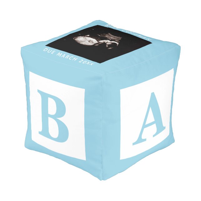 Blue Baby Block Sonogram Pregnancy Keepsake Photo Pouf (Angled Front)