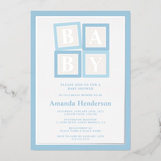 Blue Baby Blocks Boy Baby Shower Foil Invitation (Front)