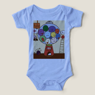 “Blue Baby Bodysuit with Colorful Balloon Illustra