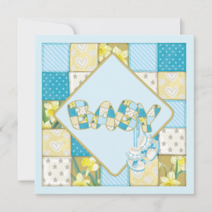 Blue Baby Booties and Patchwork Quilt Baby Shower Invitation