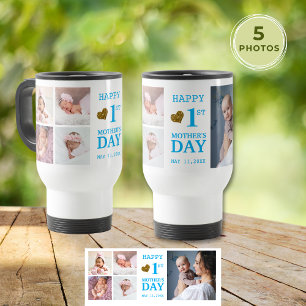 Blue Baby Boy 1st Mother's Day  5 Photo Collage    Travel Mug
