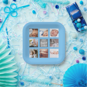 Blue Baby Boy Baby Shower Photo Collage Paper Plates