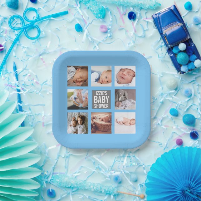 Blue Baby Boy Baby Shower Photo Collage  Paper Plates (Party)