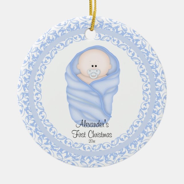 Blue Baby Boy Baby's First Christmas Ornament (Front)