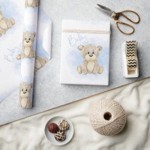 Blue Baby Boy Bear Baby Shower Wrapping Paper