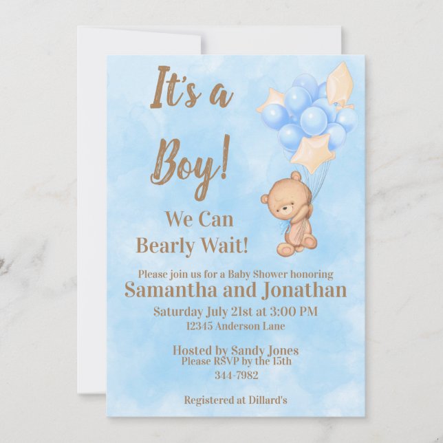 Blue Baby Boy Bearly Wait Teddy Bear Baby Shower Invitation (Front)