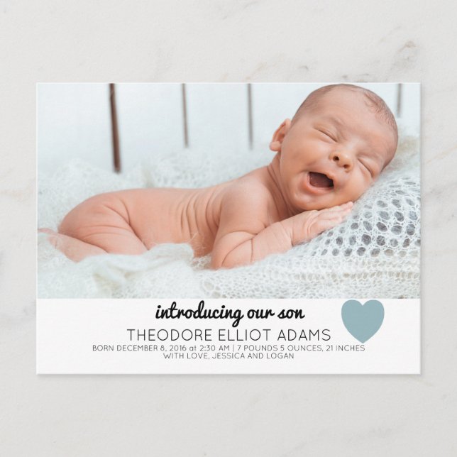 Blue Baby Boy Birth Announcement Photo Postcard (Front)