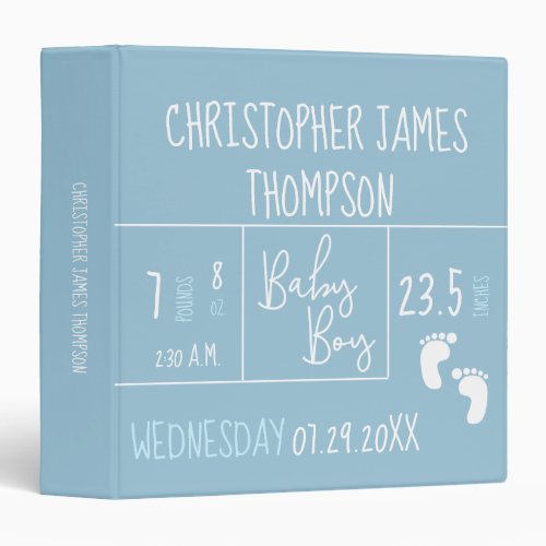 Blue Baby Boy Birth Information detail and Photo 3 Ring Binder