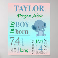 Blue Baby Boy Birth Stat Sign with Elephant