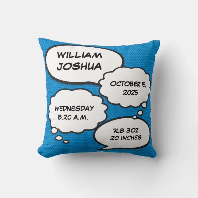 Blue Baby Boy Birth Stats Fun Comic Book Keepsake Throw Pillow (Front)