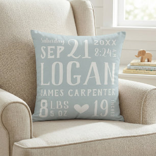 Blue Baby Boy Birth Stats Keepsake Throw Pillow