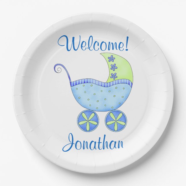 Blue Baby Boy Buggy Welcome Name Personalized Paper Plates (Front)