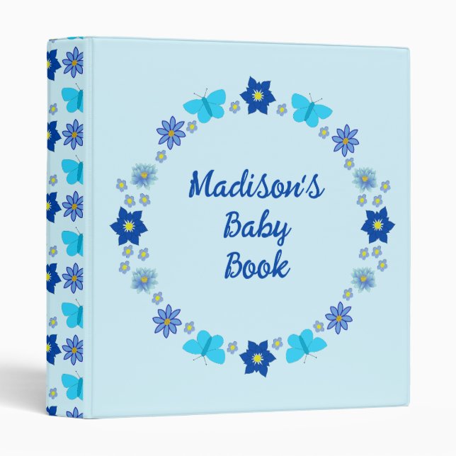 Blue Baby Boy Butterflies and Flowers Baby Book 3 Ring Binder (Front/Spine)