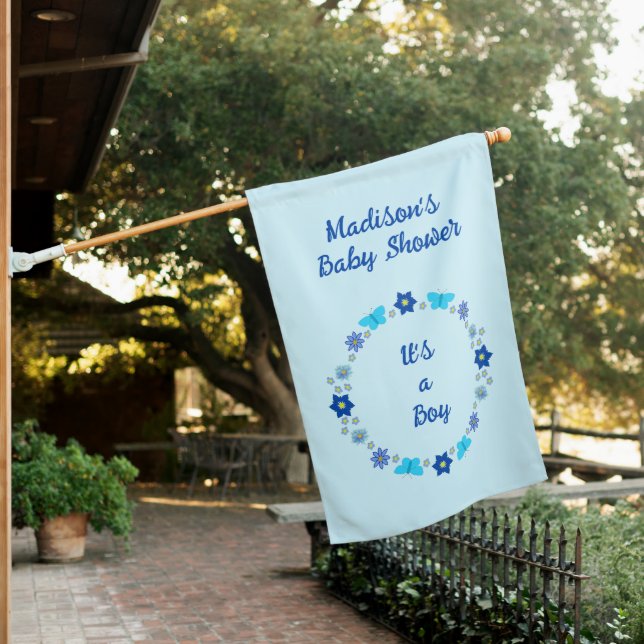 Blue Baby Boy Butterflies and Flowers Baby Shower House Flag (In SItu)