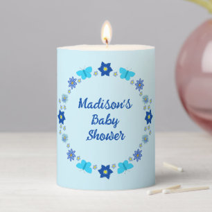 Blue Baby Boy Butterflies and Flowers Baby Shower Pillar Candle