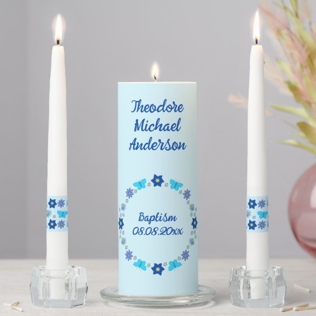Blue Baby Boy Butterflies and Flowers Baptism Unity Candle Set (In Situ)
