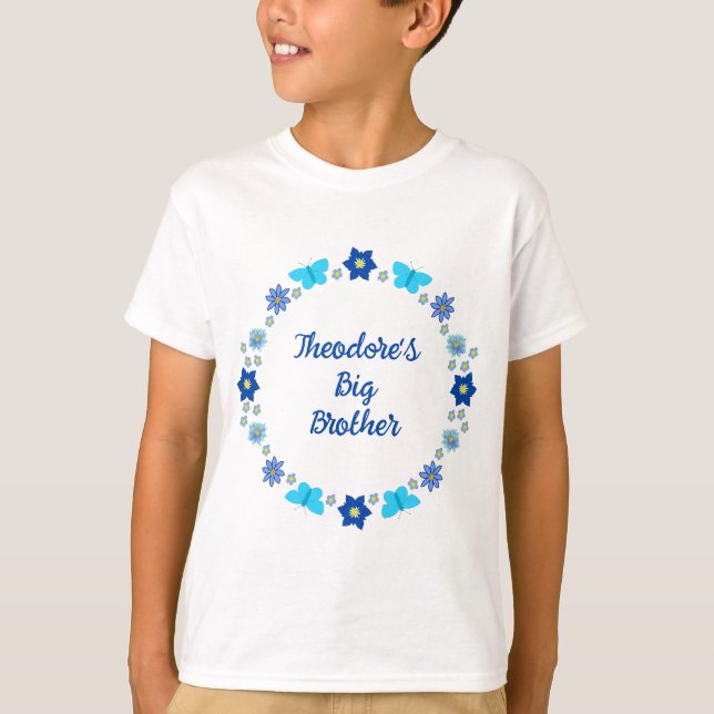 Blue Baby Boy Butterflies and Flowers Big Brother T-Shirt (Front)
