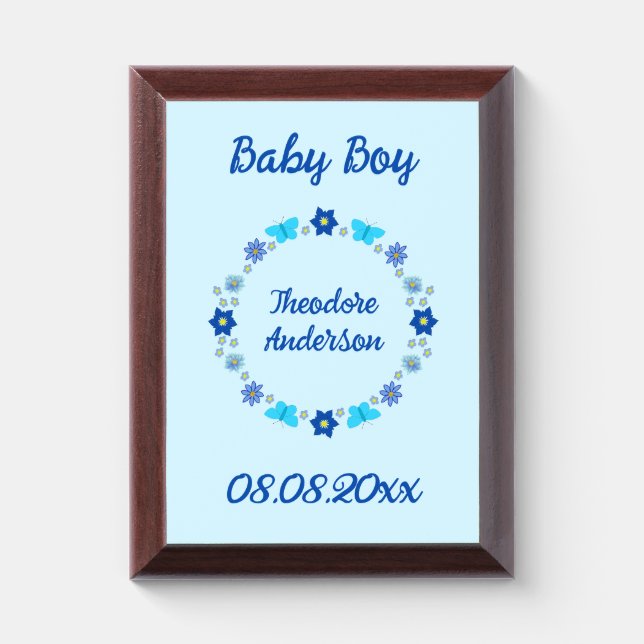 Blue Baby Boy Butterflies and Flowers Custom Award Plaque (Vertical)