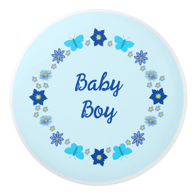 Blue Baby Boy Butterflies and Flowers Custom Ceramic Knob (Front)