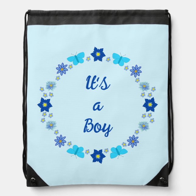Blue Baby Boy Butterflies and Flowers Custom Drawstring Bag (Front)