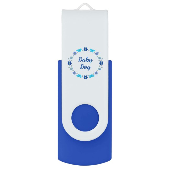 Blue Baby Boy Butterflies and Flowers Custom Flash Drive (Front Vertical)