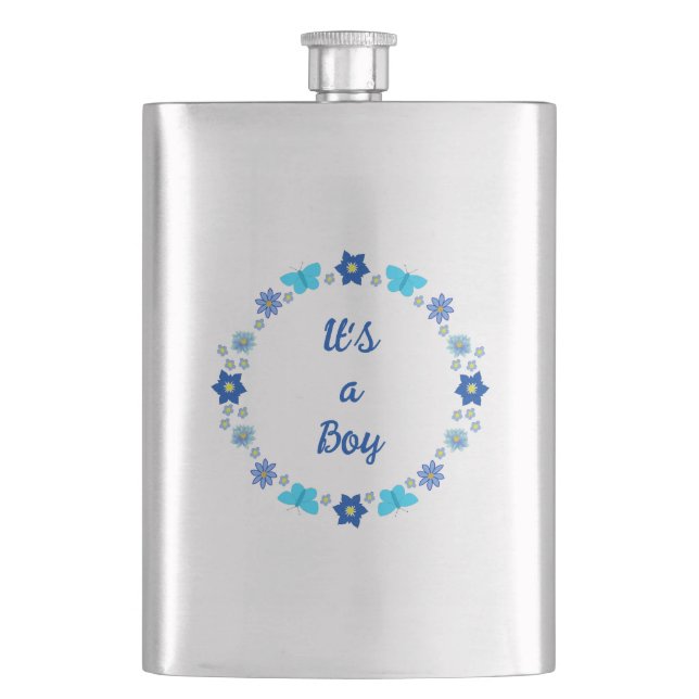Blue Baby Boy Butterflies and Flowers Custom Flask (Front)