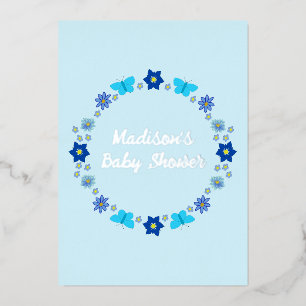 Blue Baby Boy Butterflies and Flowers Custom Foil Invitation