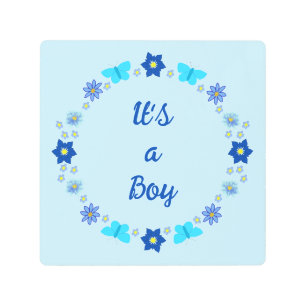 Blue Baby Boy Butterflies and Flowers Custom Metal Print