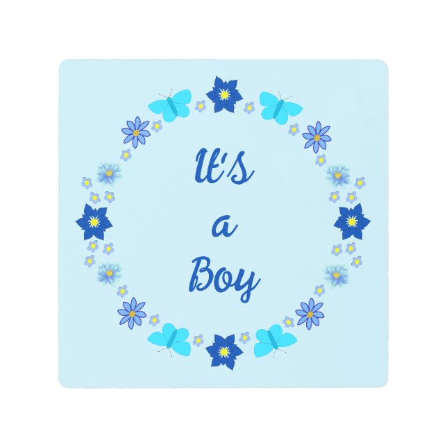 Blue Baby Boy Butterflies and Flowers Custom Metal Print (Front)